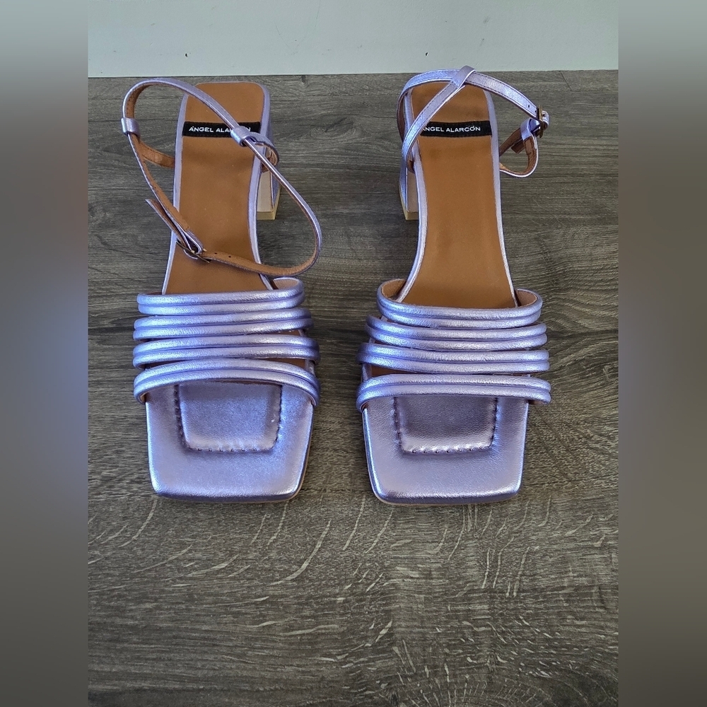 Metallic Lavender Strappy Block Heel Sandals